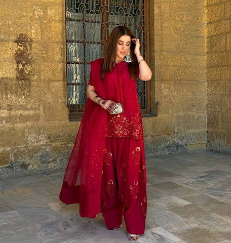 Reception Wear Red Color Pure Natural Crep Silk With Embroidery Sequence Work Salwar Suit