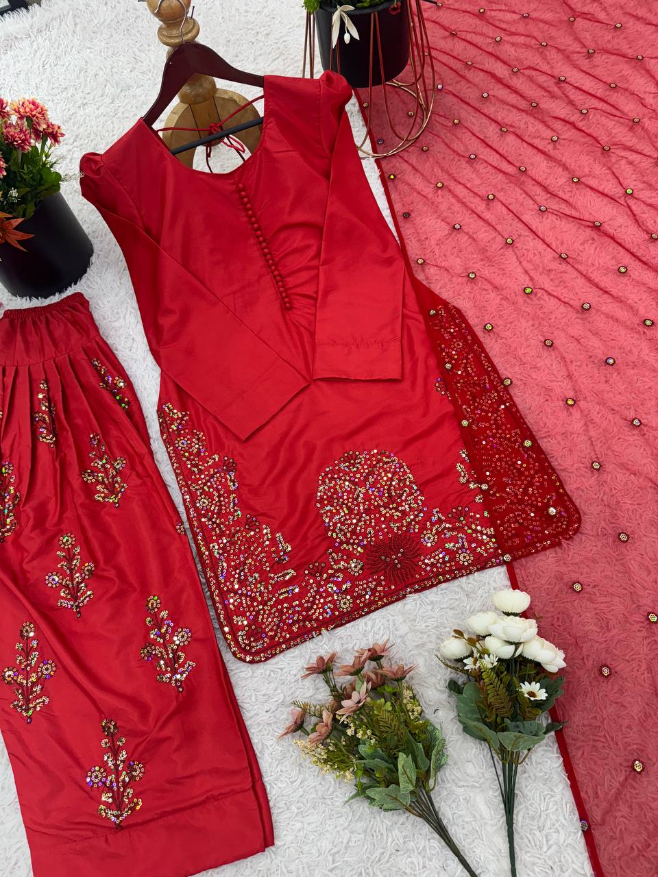 Reception Wear Red Color Pure Natural Crep Silk With Embroidery Sequence Work Salwar Suit