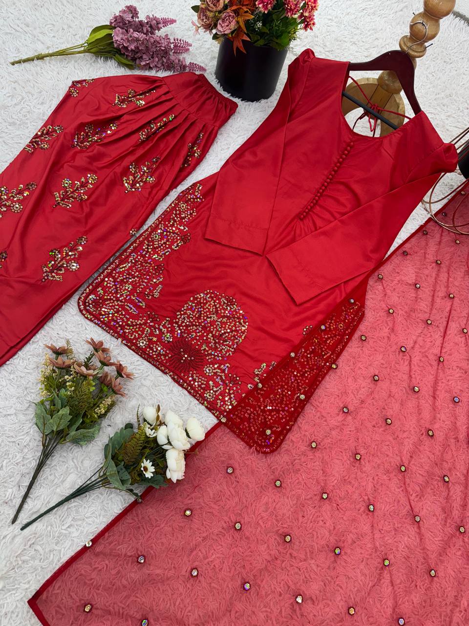 Reception Wear Red Color Pure Natural Crep Silk With Embroidery Sequence Work Salwar Suit