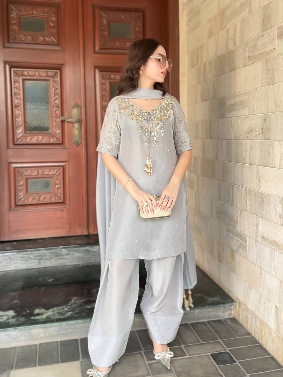 Party Wear Grey Color Handwork With Beads And Embroidery Work Palazzo Suit