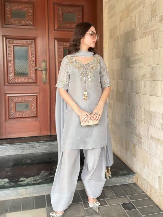 Party Wear Grey Color Handwork With Beads And Embroidery Work Palazzo Suit