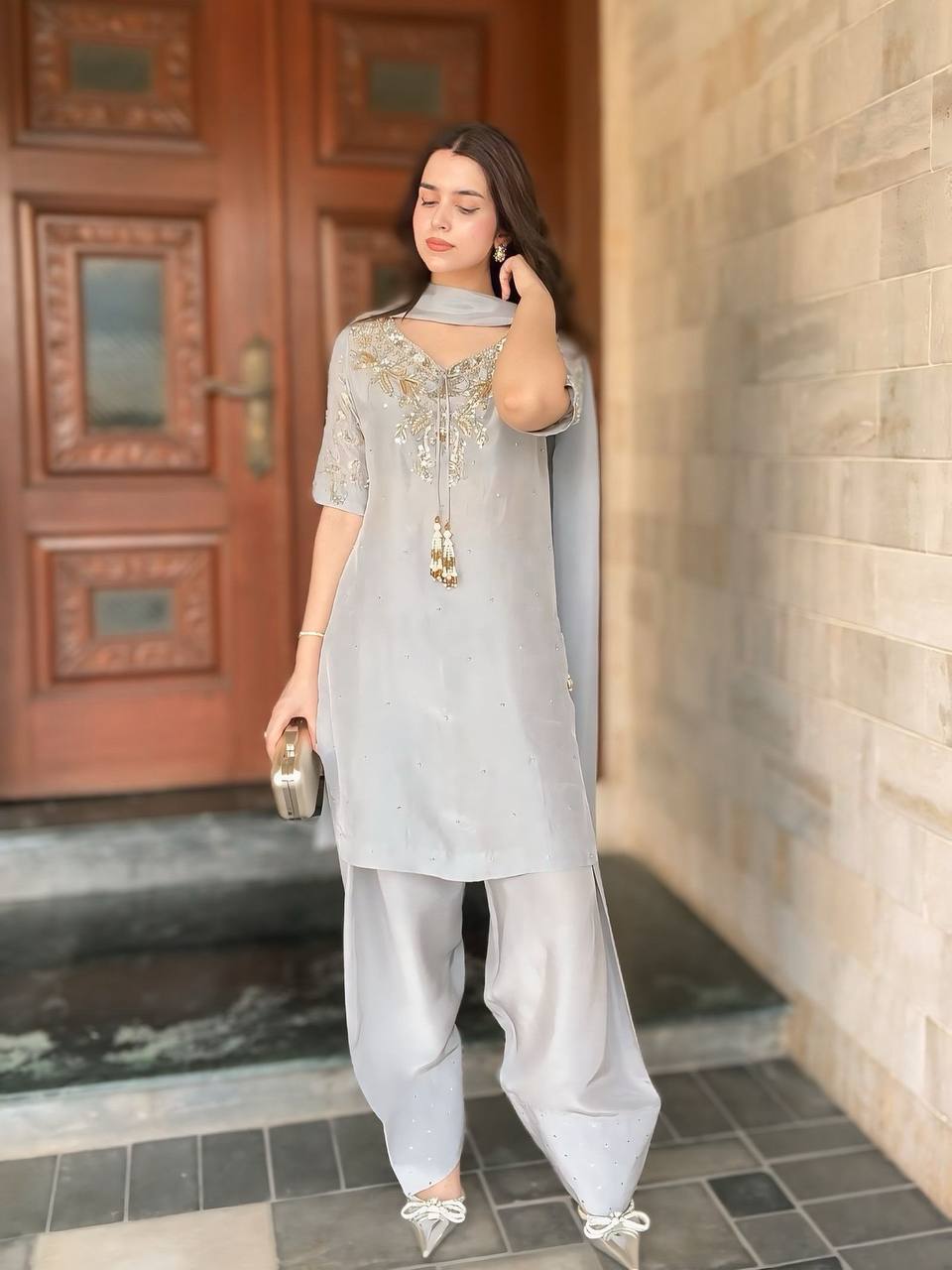 Party Wear Grey Color Handwork With Beads And Embroidery Work Palazzo Suit