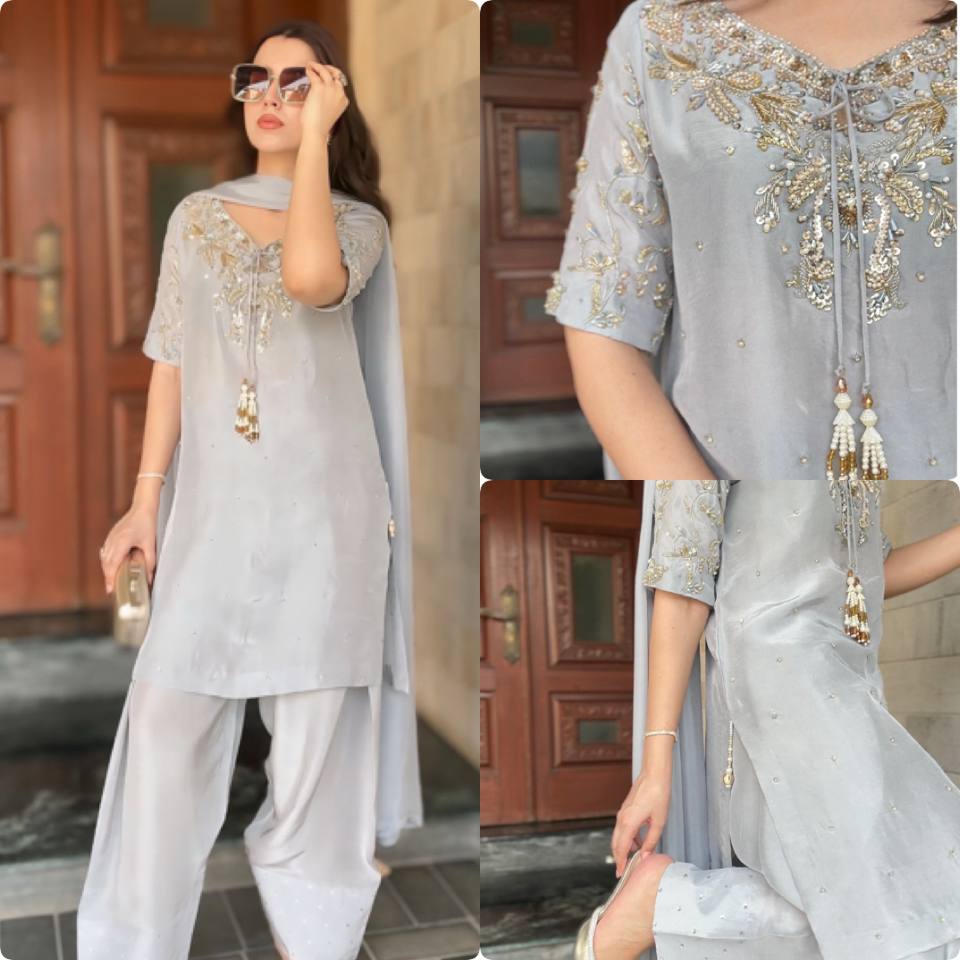 Party Wear Grey Color Handwork With Beads And Embroidery Work Palazzo Suit