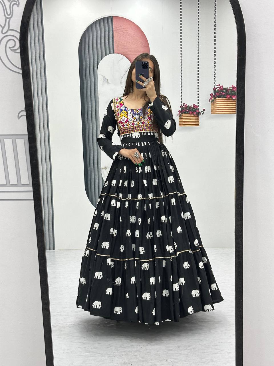 Navratri Collection Black Color Pure Cotton And Embroidery Gamathi Work Designer Gown