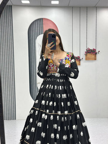 Navratri Collection Black Color Pure Cotton And Embroidery Gamathi Work Designer Gown