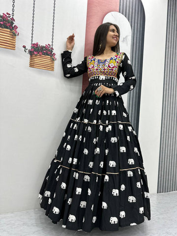 Navratri Collection Black Color Pure Cotton And Embroidery Gamathi Work Designer Gown