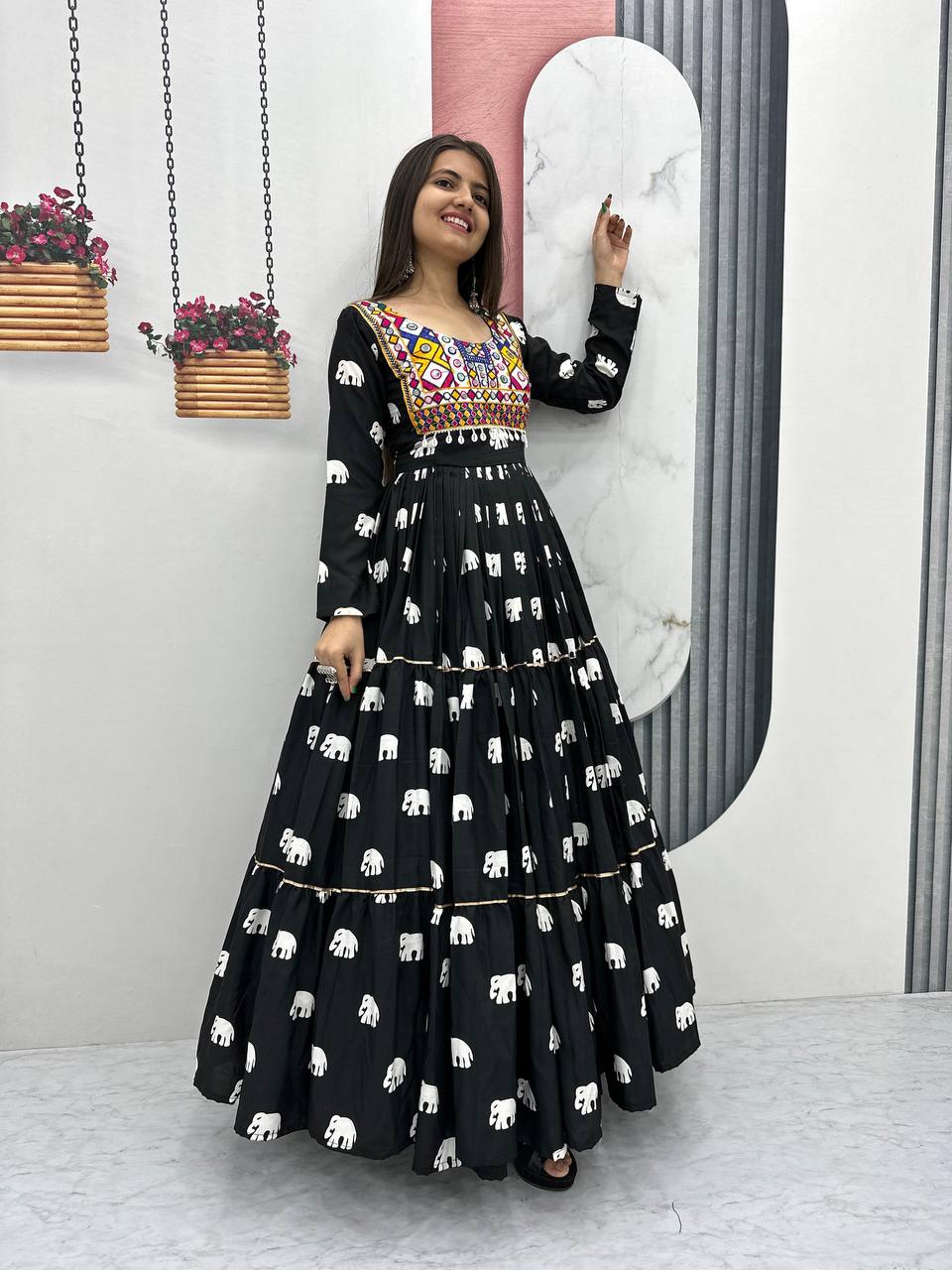 Navratri Collection Black Color Pure Cotton And Embroidery Gamathi Work Designer Gown