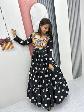 Navratri Collection Black Color Pure Cotton And Embroidery Gamathi Work Designer Gown