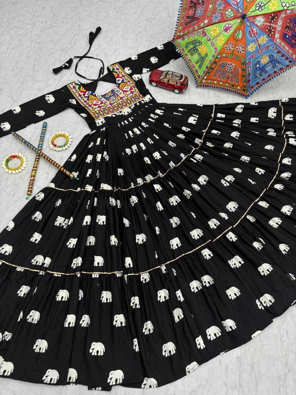 Navratri Collection Black Color Pure Cotton And Embroidery Gamathi Work Designer Gown