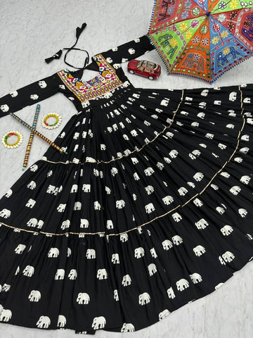 Navratri Collection Black Color Pure Cotton And Embroidery Gamathi Work Designer Gown