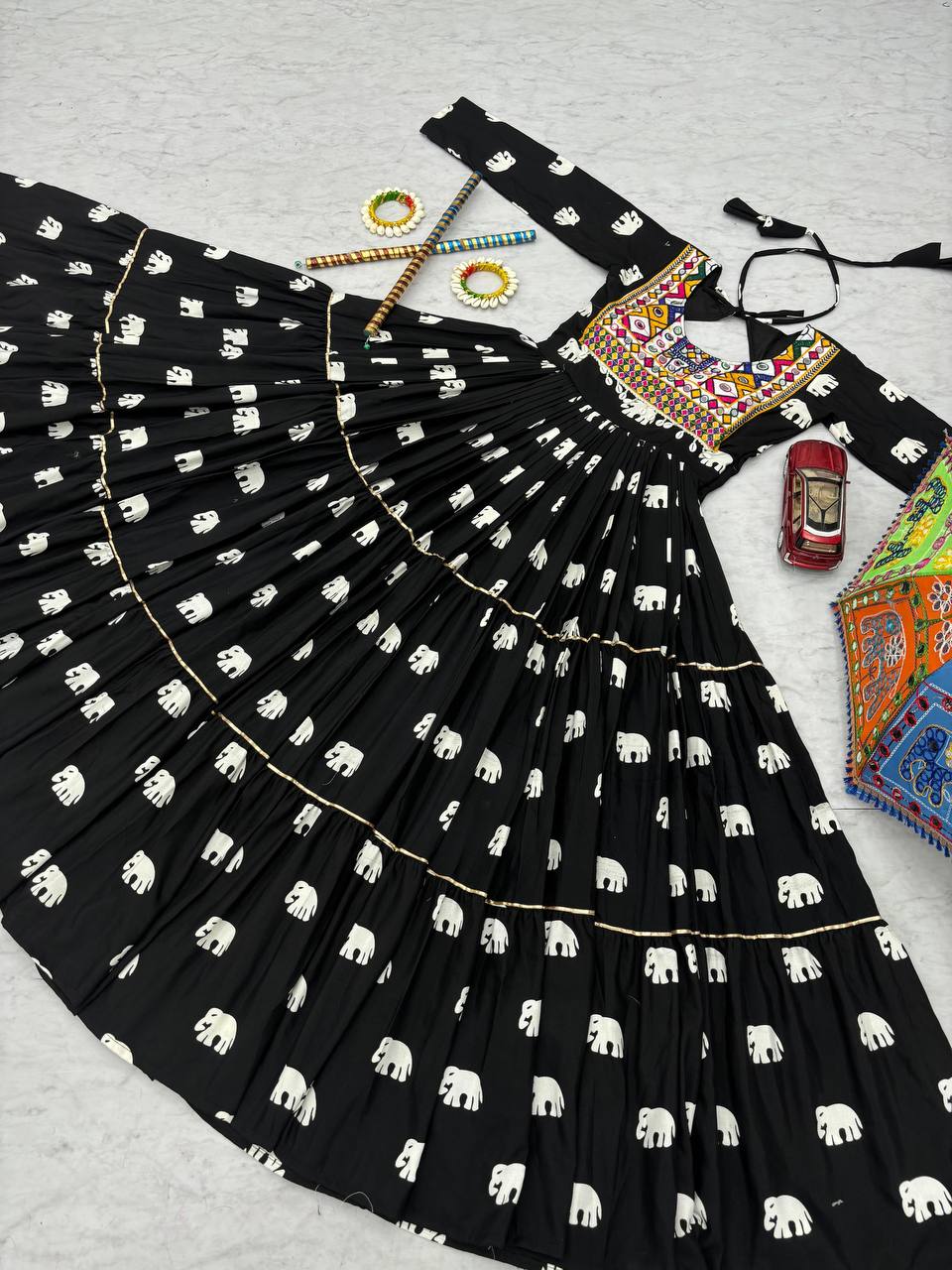 Navratri Collection Black Color Pure Cotton And Embroidery Gamathi Work Designer Gown