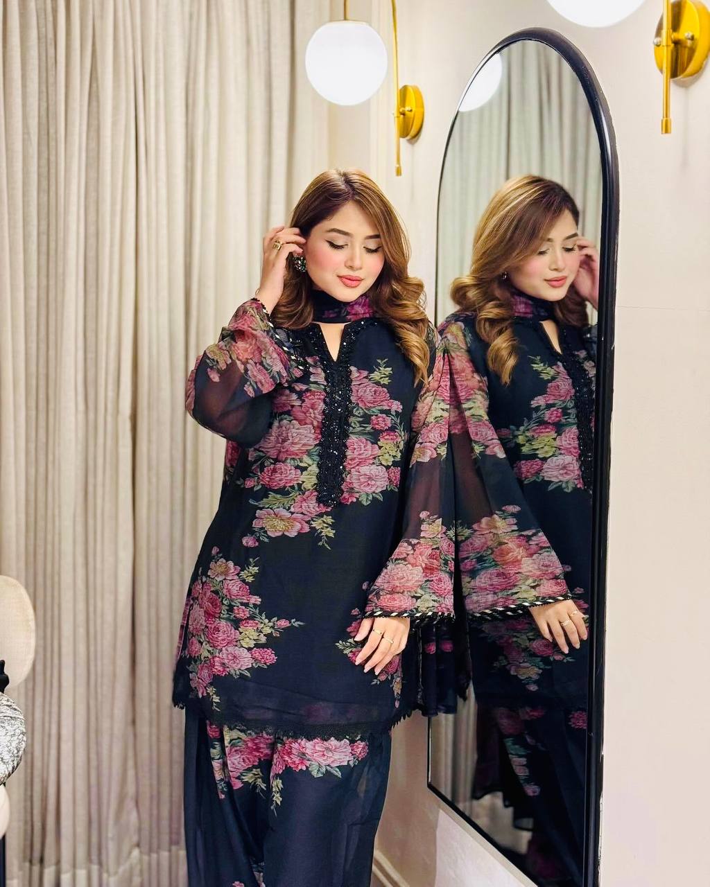 Function Wear Black Color Pure Faux Georgette With Digital Print Palazzo Suit