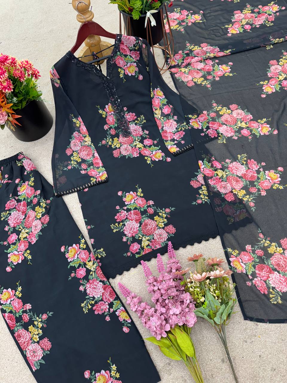 Function Wear Black Color Pure Faux Georgette With Digital Print Palazzo Suit