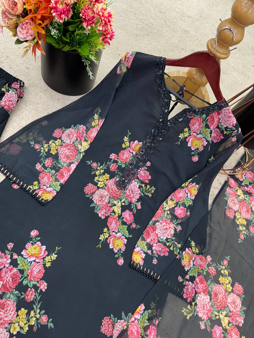 Function Wear Black Color Pure Faux Georgette With Digital Print Palazzo Suit