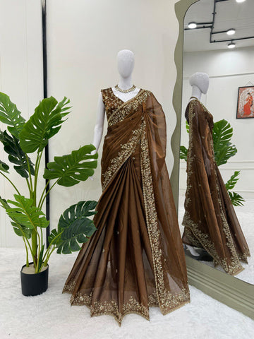 Function Wear Golden Color Barbari Silk Thread With Sequence Work Saree