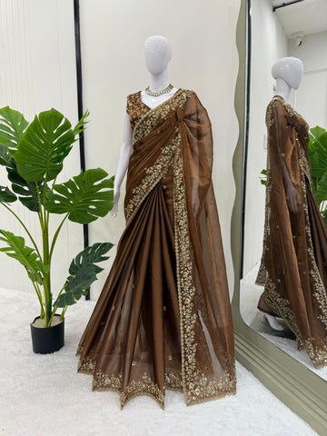 Function Wear Golden Color Barbari Silk Thread With Sequence Work Saree