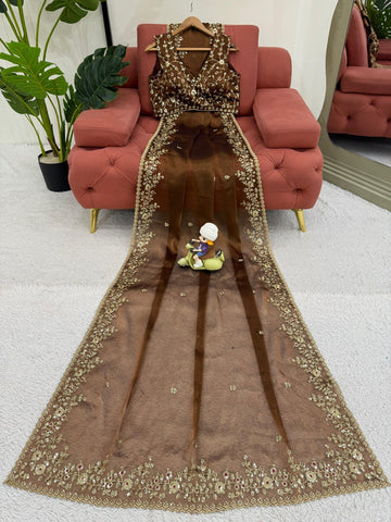 Function Wear Golden Color Barbari Silk Thread With Sequence Work Saree