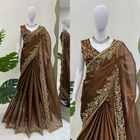 Function Wear Golden Color Barbari Silk Thread With Sequence Work Saree