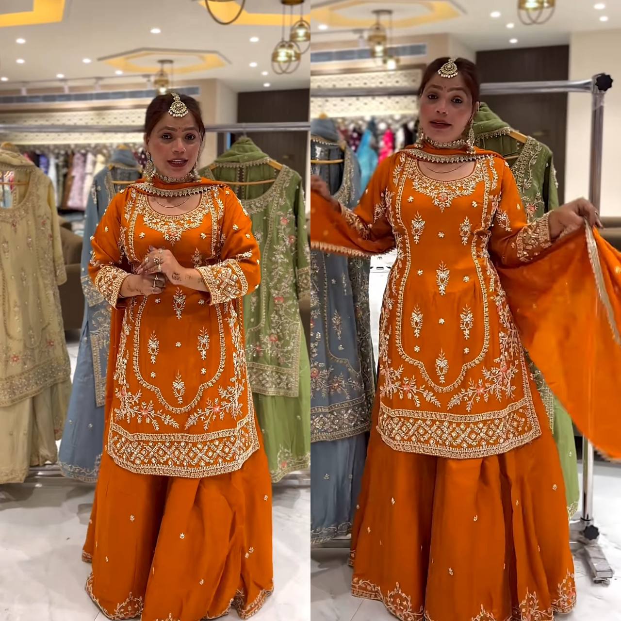 Function Wear Orange Color Natural Crep Material With Sequence Embroidery Work Sharara Suit