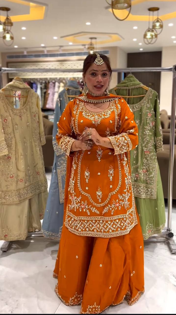 Function Wear Orange Color Natural Crep Material With Sequence Embroidery Work Sharara Suit