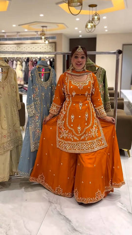 Function Wear Orange Color Natural Crep Material With Sequence Embroidery Work Sharara Suit