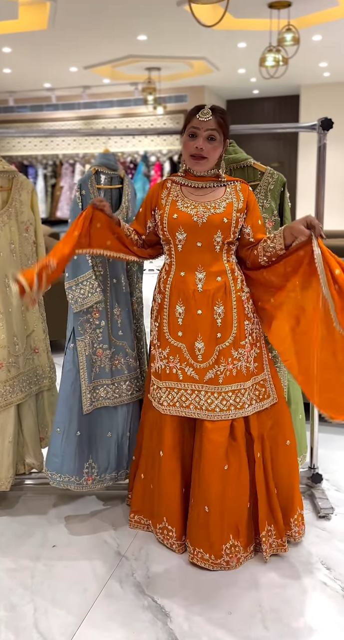 Function Wear Orange Color Natural Crep Material With Sequence Embroidery Work Sharara Suit