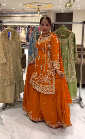 Function Wear Orange Color Natural Crep Material With Sequence Embroidery Work Sharara Suit