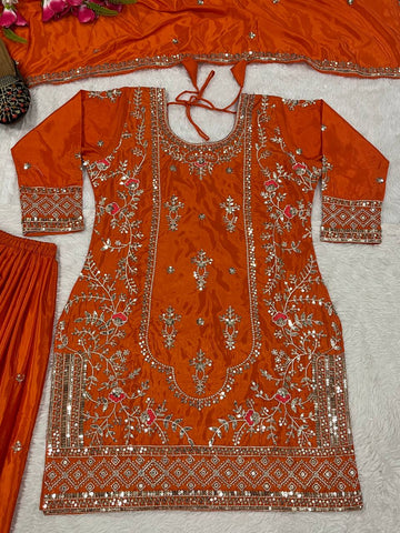 Function Wear Orange Color Natural Crep Material With Sequence Embroidery Work Sharara Suit