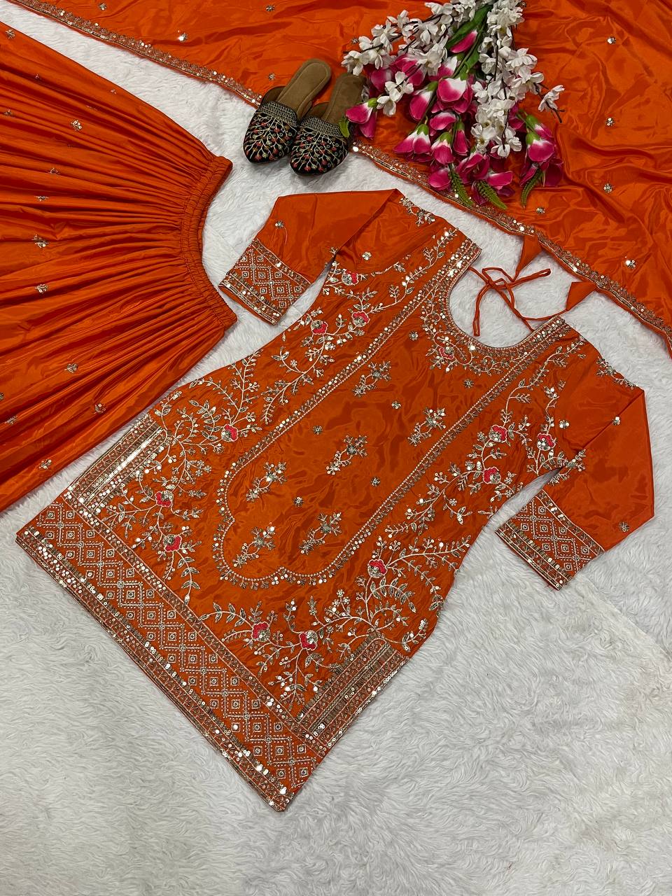 Function Wear Orange Color Natural Crep Material With Sequence Embroidery Work Sharara Suit