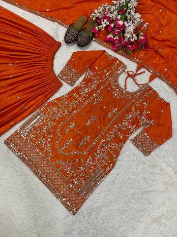 Function Wear Orange Color Natural Crep Material With Sequence Embroidery Work Sharara Suit