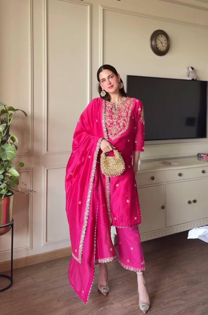 Terrific Pink Color  Malay Satin Silk With Heavy Embroidery Thread Work Palazzo Suit