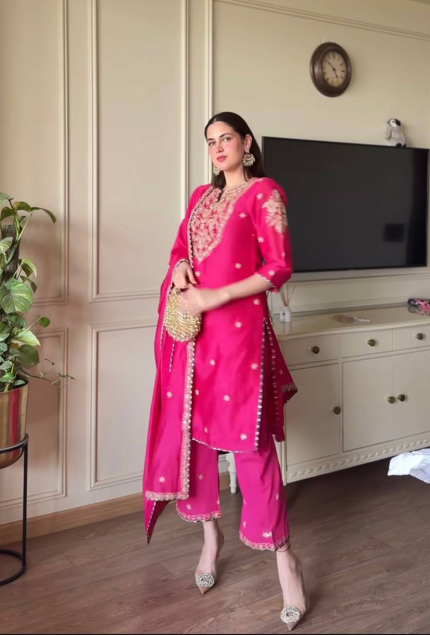 Terrific Pink Color  Malay Satin Silk With Heavy Embroidery Thread Work Palazzo Suit