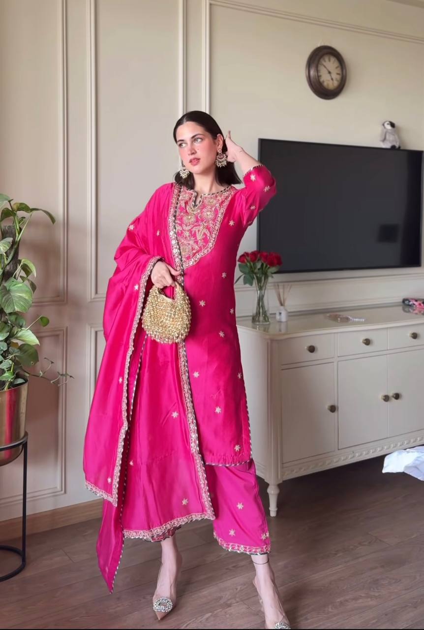 Terrific Pink Color  Malay Satin Silk With Heavy Embroidery Thread Work Palazzo Suit