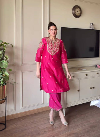 Terrific Pink Color  Malay Satin Silk With Heavy Embroidery Thread Work Palazzo Suit