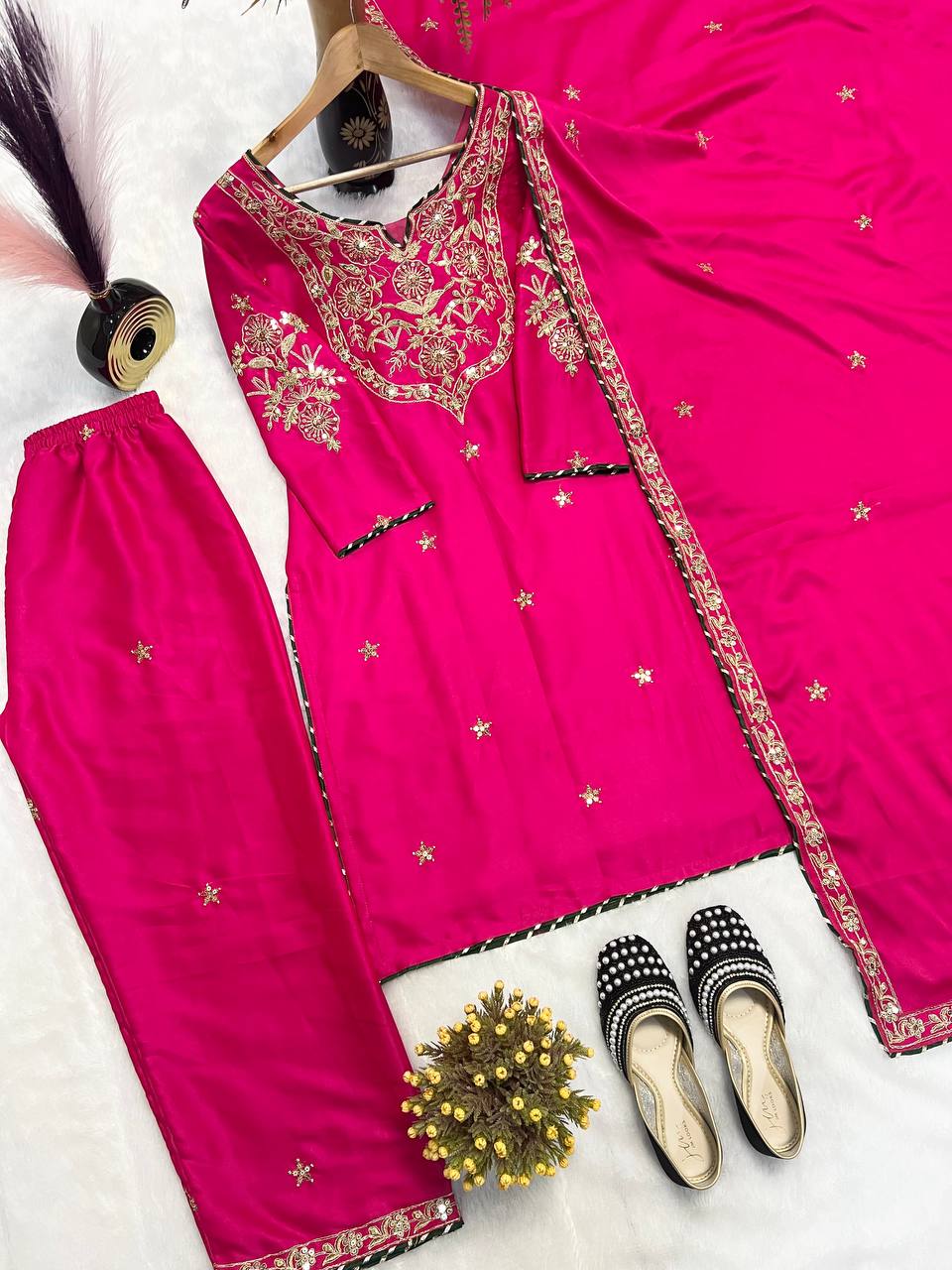 Terrific Pink Color  Malay Satin Silk With Heavy Embroidery Thread Work Palazzo Suit