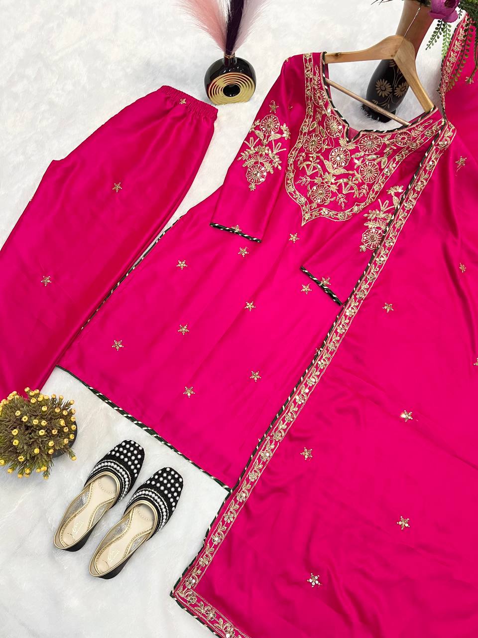 Terrific Pink Color  Malay Satin Silk With Heavy Embroidery Thread Work Palazzo Suit