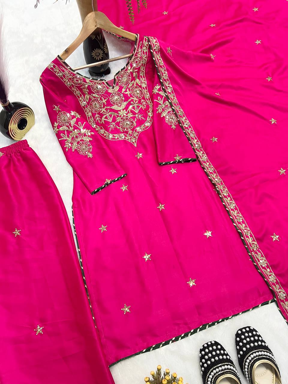 Terrific Pink Color  Malay Satin Silk With Heavy Embroidery Thread Work Palazzo Suit