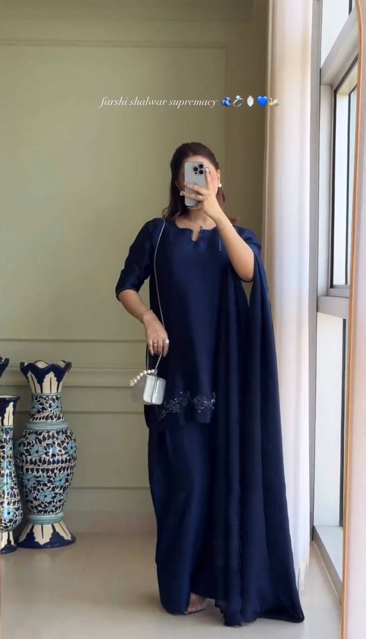 Ceremony Wear Neavy Blue Color Heavy Natural Crep Silk With Bids Hand Work Salwar Suit