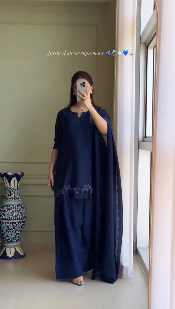 Ceremony Wear Neavy Blue Color Heavy Natural Crep Silk With Bids Hand Work Salwar Suit