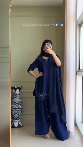 Ceremony Wear Neavy Blue Color Heavy Natural Crep Silk With Bids Hand Work Salwar Suit