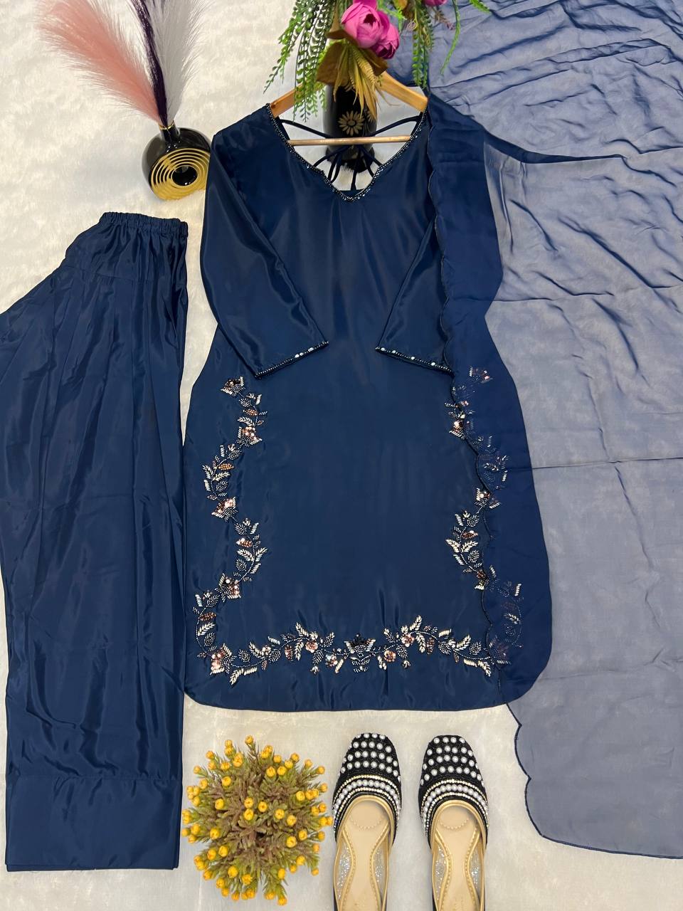 Ceremony Wear Neavy Blue Color Heavy Natural Crep Silk With Bids Hand Work Salwar Suit