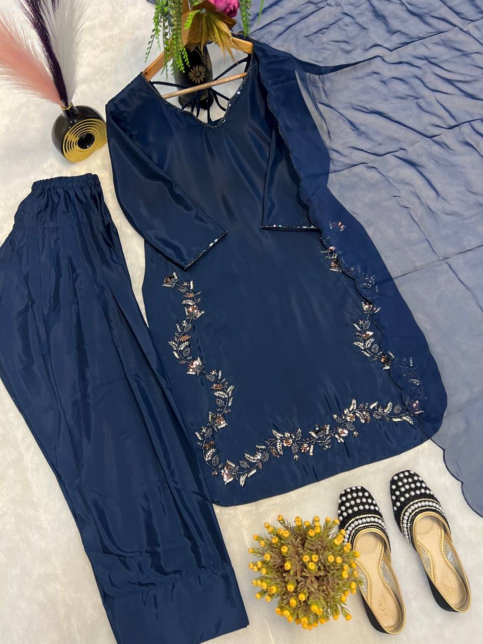 Ceremony Wear Neavy Blue Color Heavy Natural Crep Silk With Bids Hand Work Salwar Suit