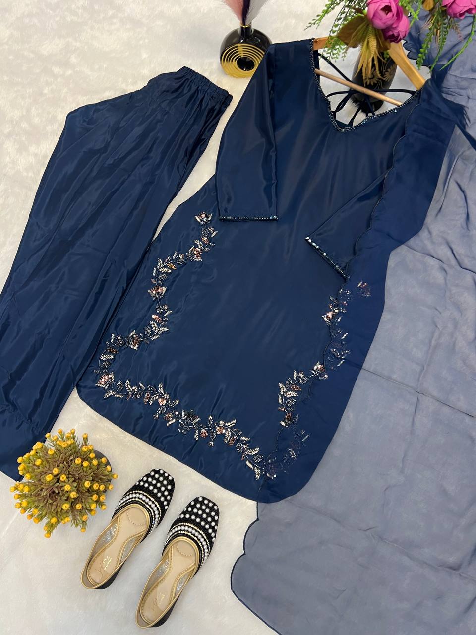 Ceremony Wear Neavy Blue Color Heavy Natural Crep Silk With Bids Hand Work Salwar Suit