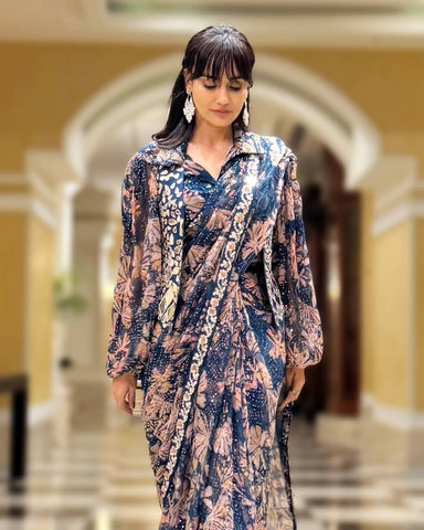 Ceremony Wear Multi Color Premium Printed Georgette Full Embroidery Work Ready To Wear Saree