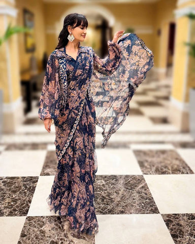 Ceremony Wear Multi Color Premium Printed Georgette Full Embroidery Work Ready To Wear Saree