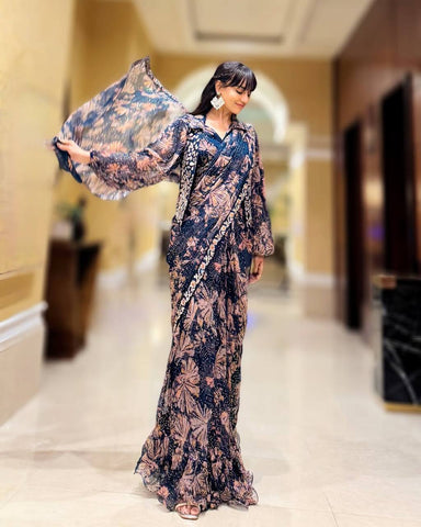 Ceremony Wear Multi Color Premium Printed Georgette Full Embroidery Work Ready To Wear Saree