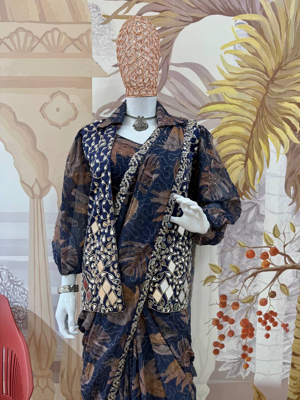 Ceremony Wear Multi Color Premium Printed Georgette Full Embroidery Work Ready To Wear Saree