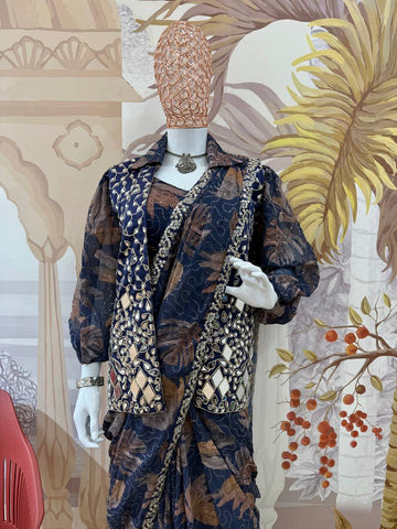 Ceremony Wear Multi Color Premium Printed Georgette Full Embroidery Work Ready To Wear Saree