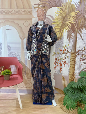 Ceremony Wear Multi Color Premium Printed Georgette Full Embroidery Work Ready To Wear Saree