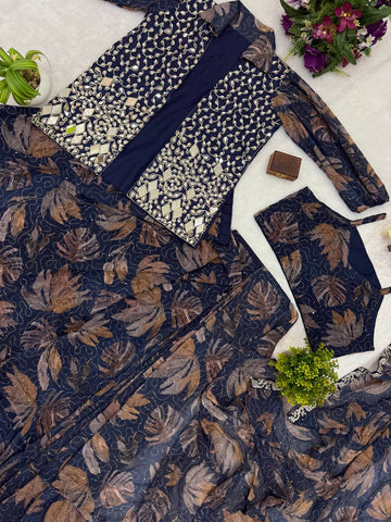 Ceremony Wear Multi Color Premium Printed Georgette Full Embroidery Work Ready To Wear Saree